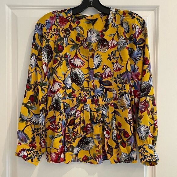 EUC J. CREW Autumn Silk Pleated Popover Top in Gold Floral Print Sz. Small - Picture 1 of 5